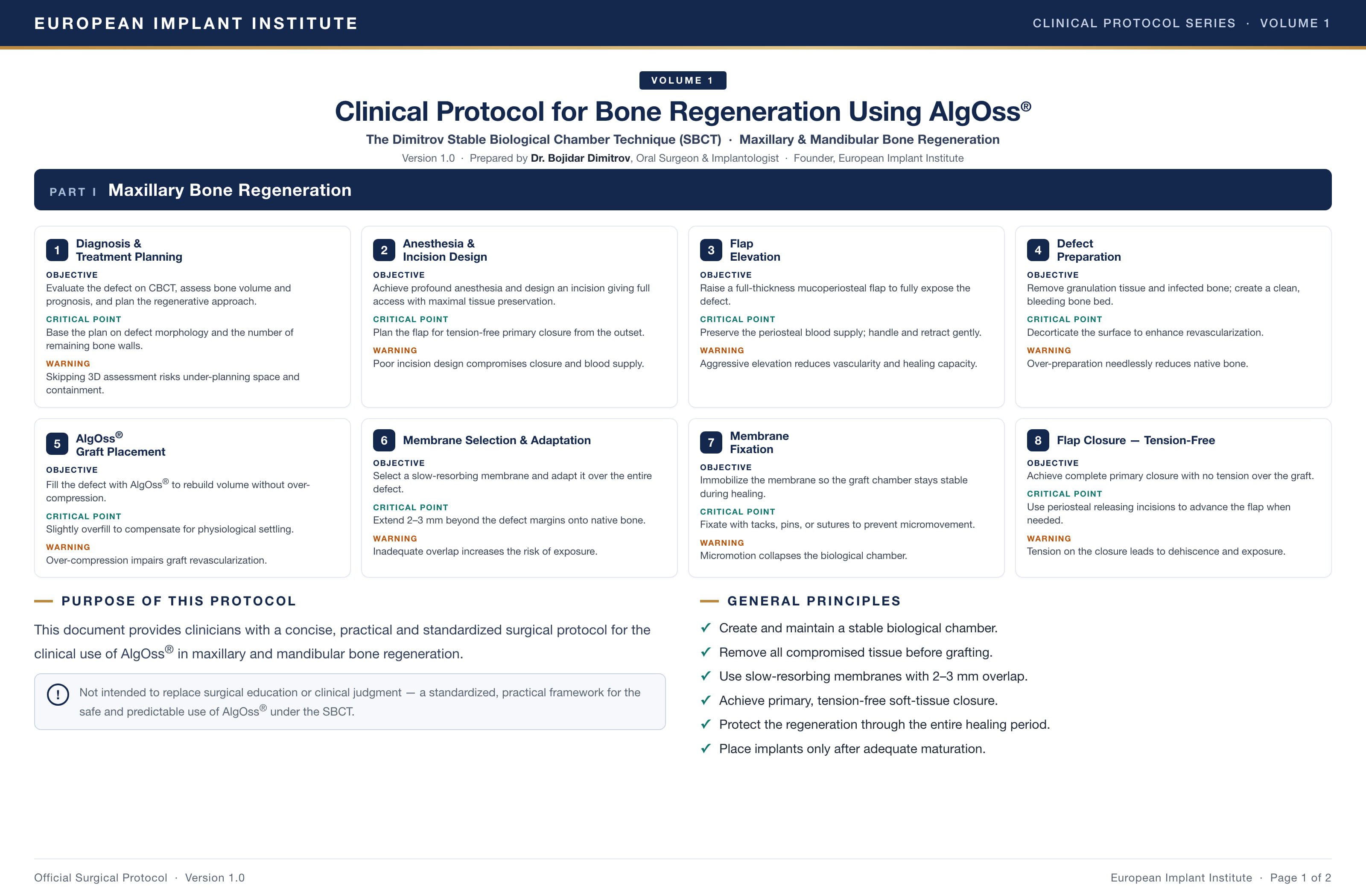 AlgOss clinical protocol page 1 - purpose, key messages, and the maxillary bone regeneration 8-step workflow