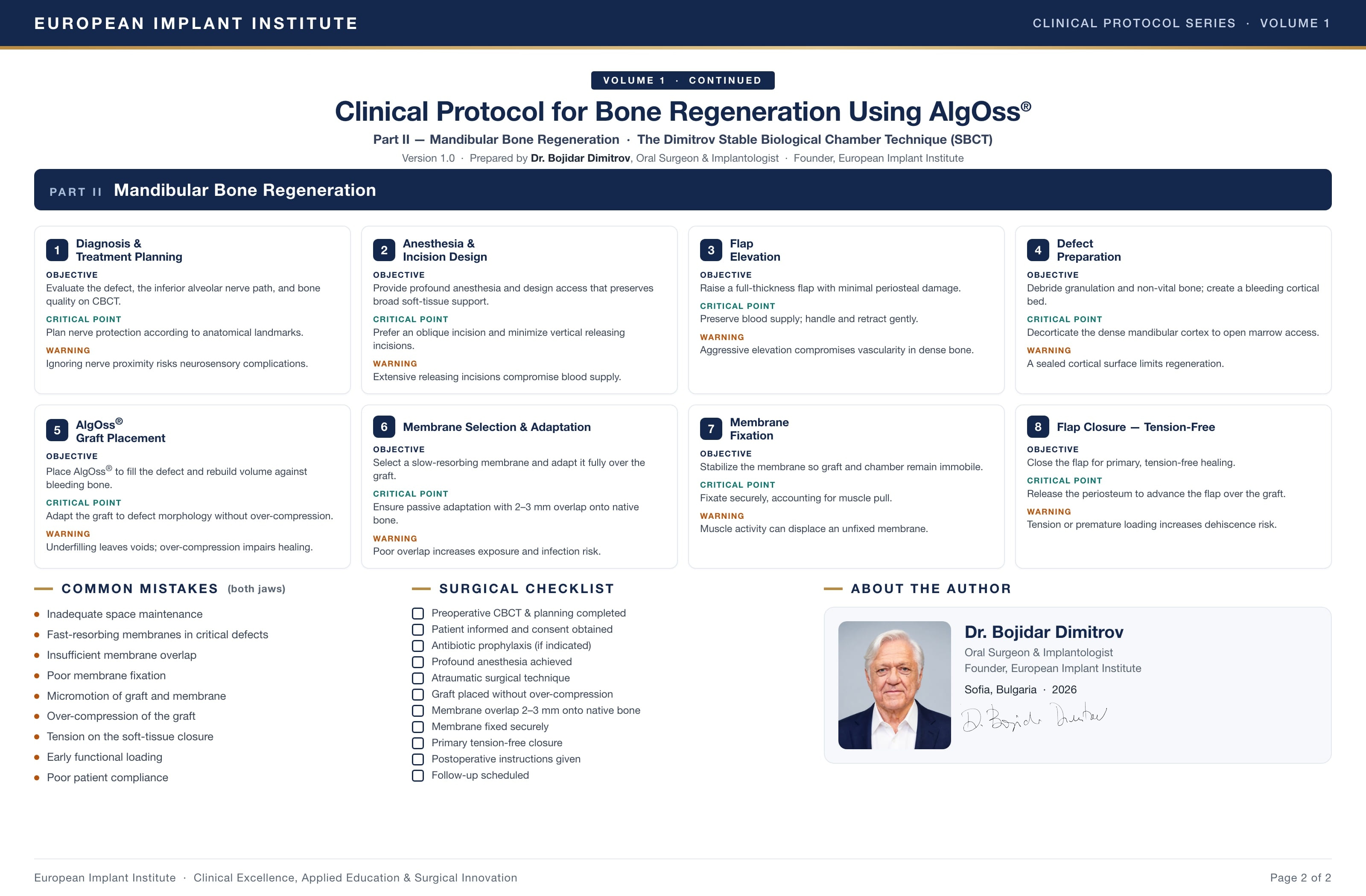AlgOss clinical protocol page 2 - mandibular bone regeneration steps, common mistakes, surgical checklist, and author