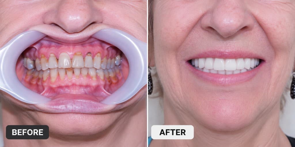 Before and after: decayed and worn teeth rebuilt into a healthy aligned smile