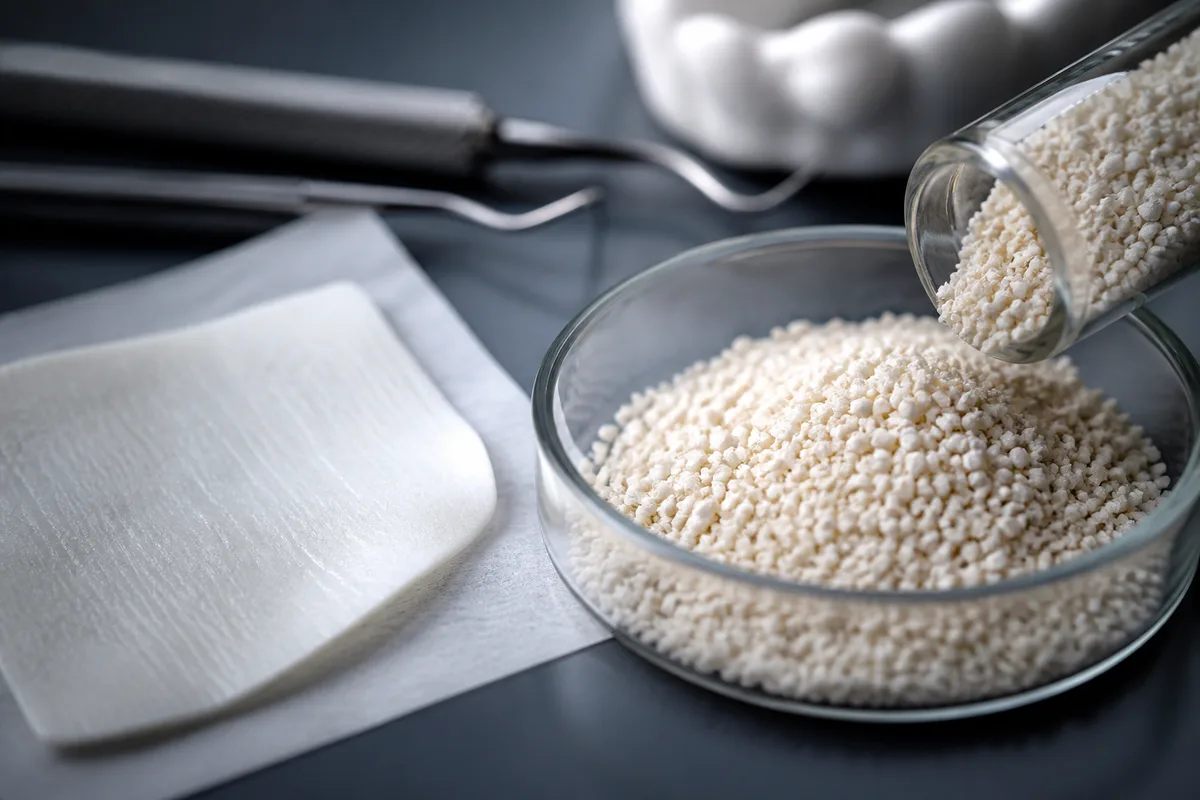 Close-up of fine bone graft granules beside a barrier membrane on a sterile clinical tray