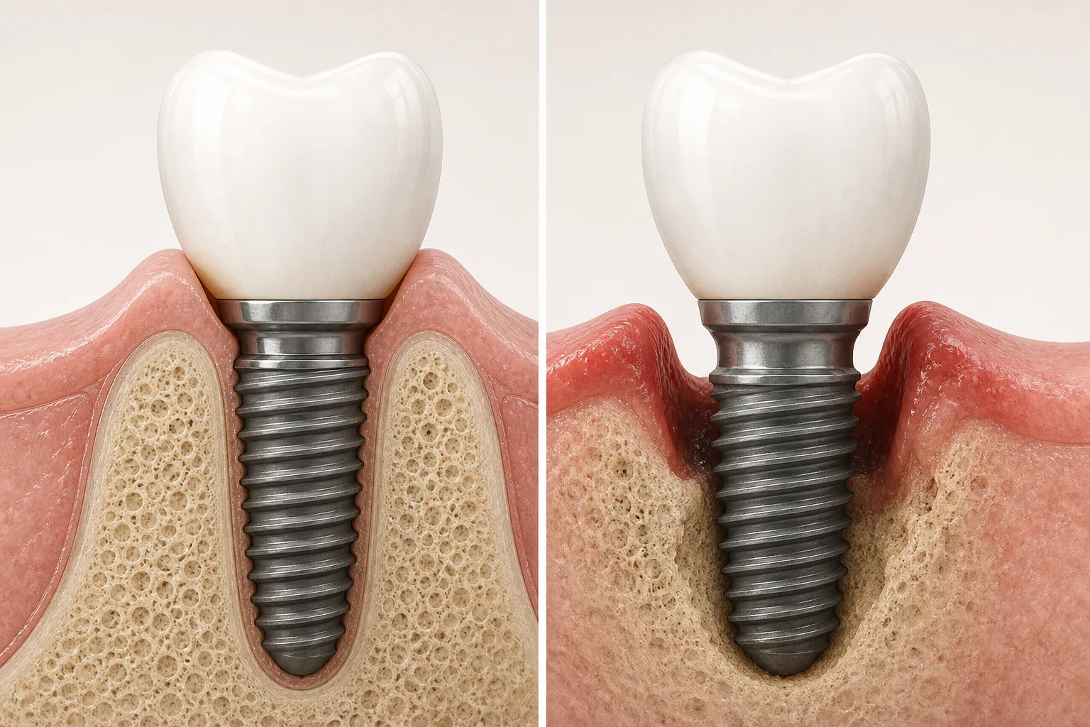 Healthy implant with dense surrounding bone next to a failing implant with bone loss and inflamed gum