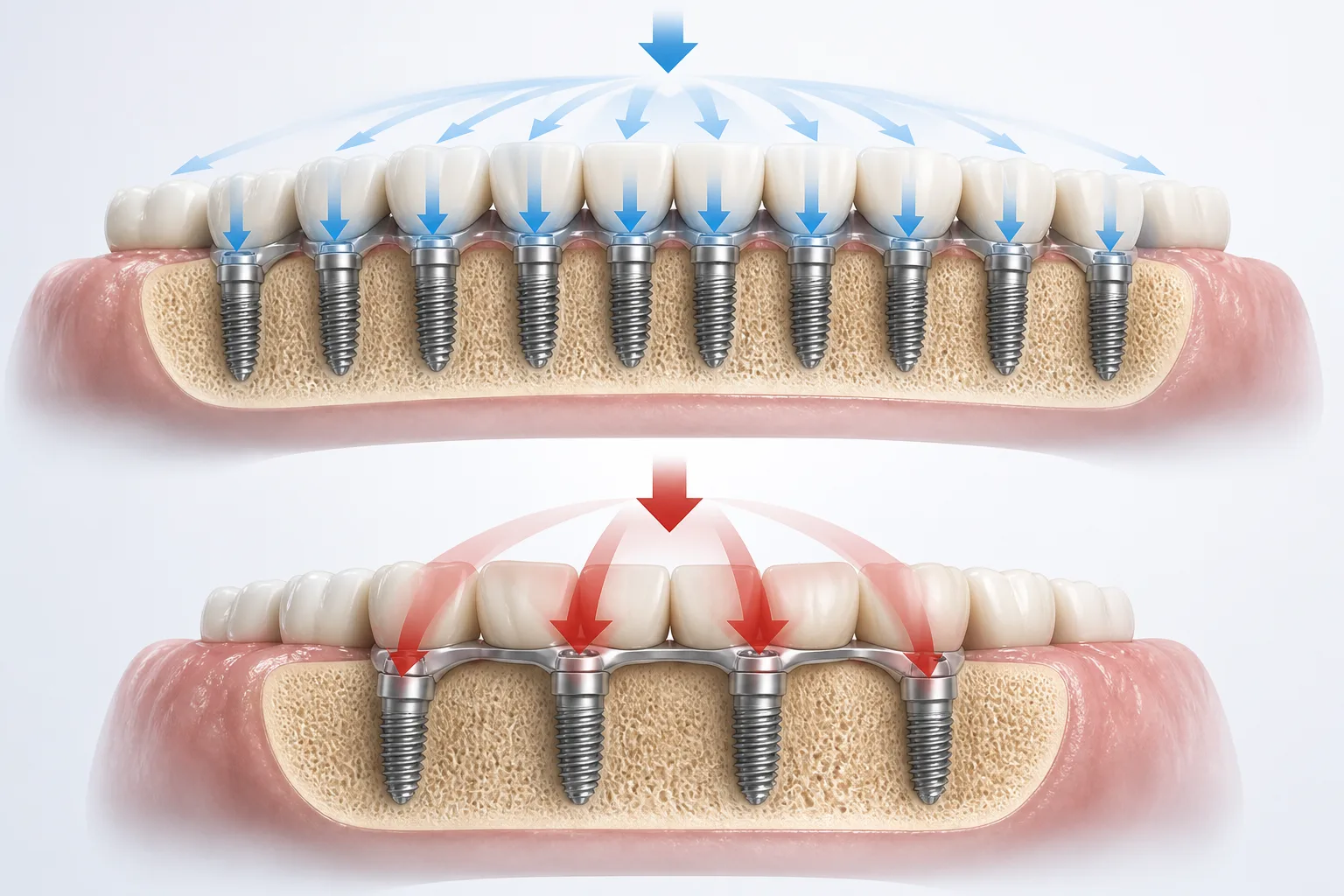 Chewing force spread across many well-spaced implants compared with load concentrated on only a few