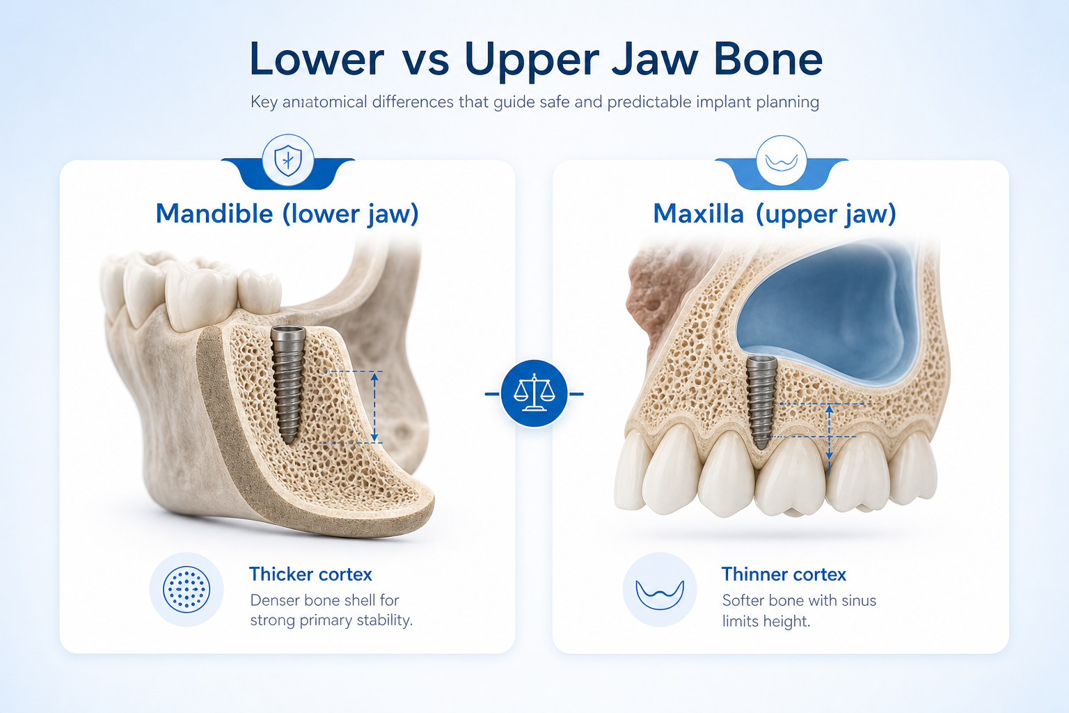 Modern side-by-side comparison of mandible and maxilla bone structure for implant planning