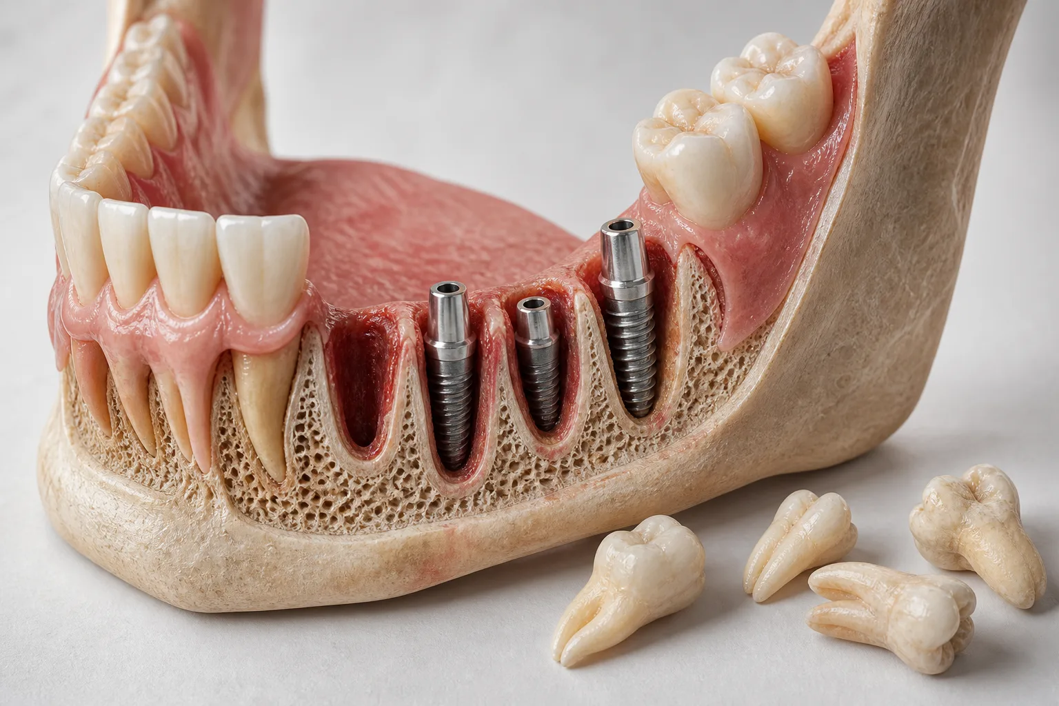 Jaw cross-section with freshly extracted teeth beside empty sockets, and titanium implants placed directly into those sockets
