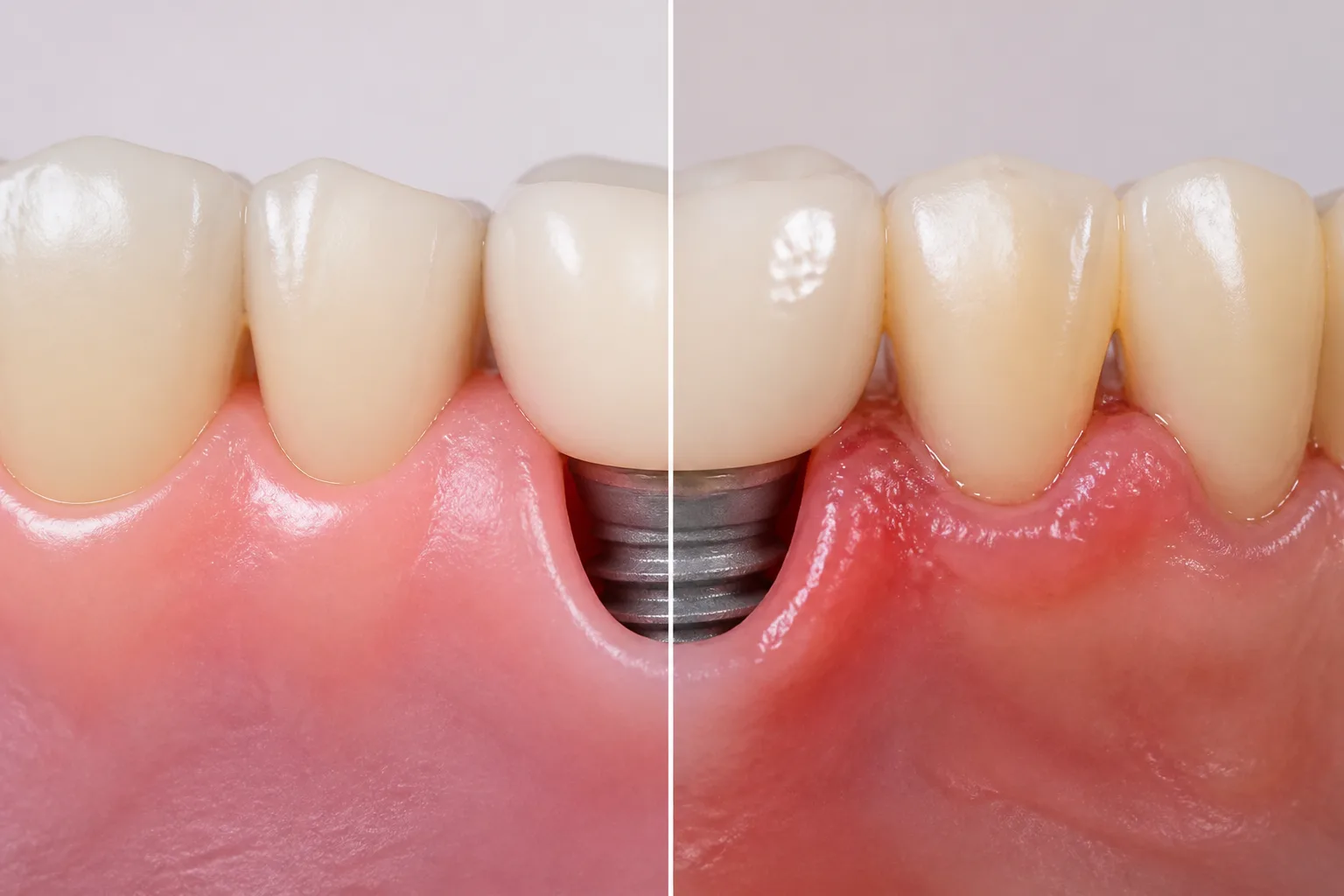 Close-up comparison of healthy gum tissue sealed around an implant next to compromised, slower-healing tissue