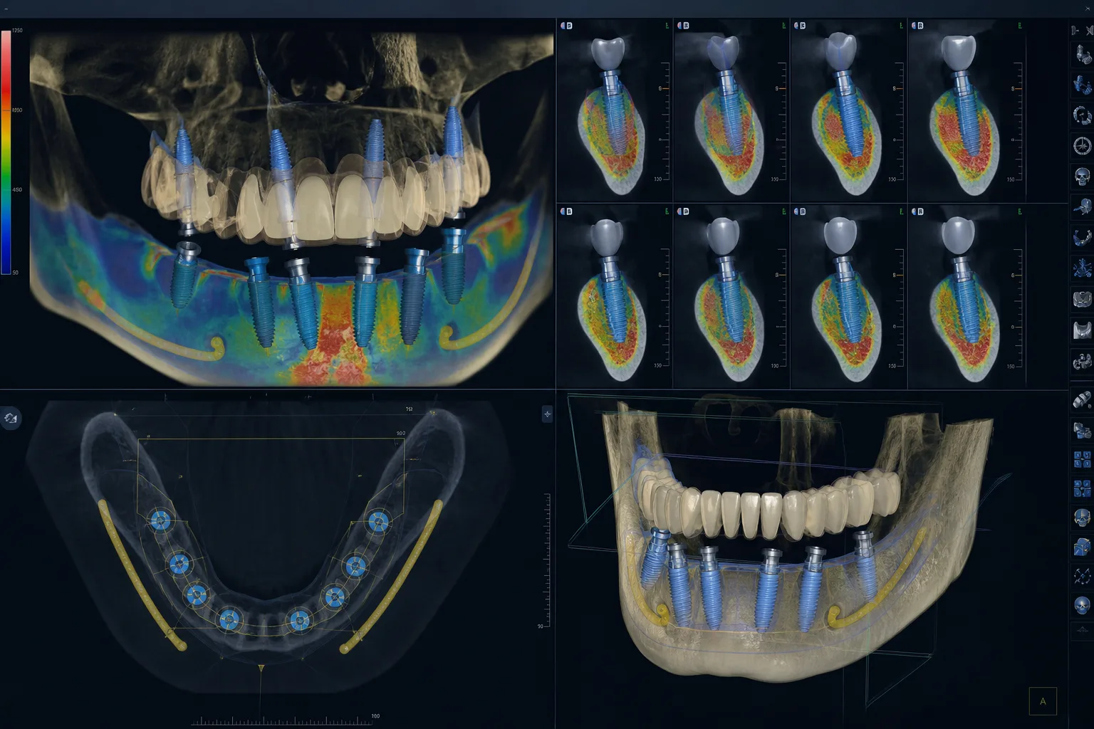 3D CBCT implant planning showing bone density mapping and precisely positioned implants across a full jaw