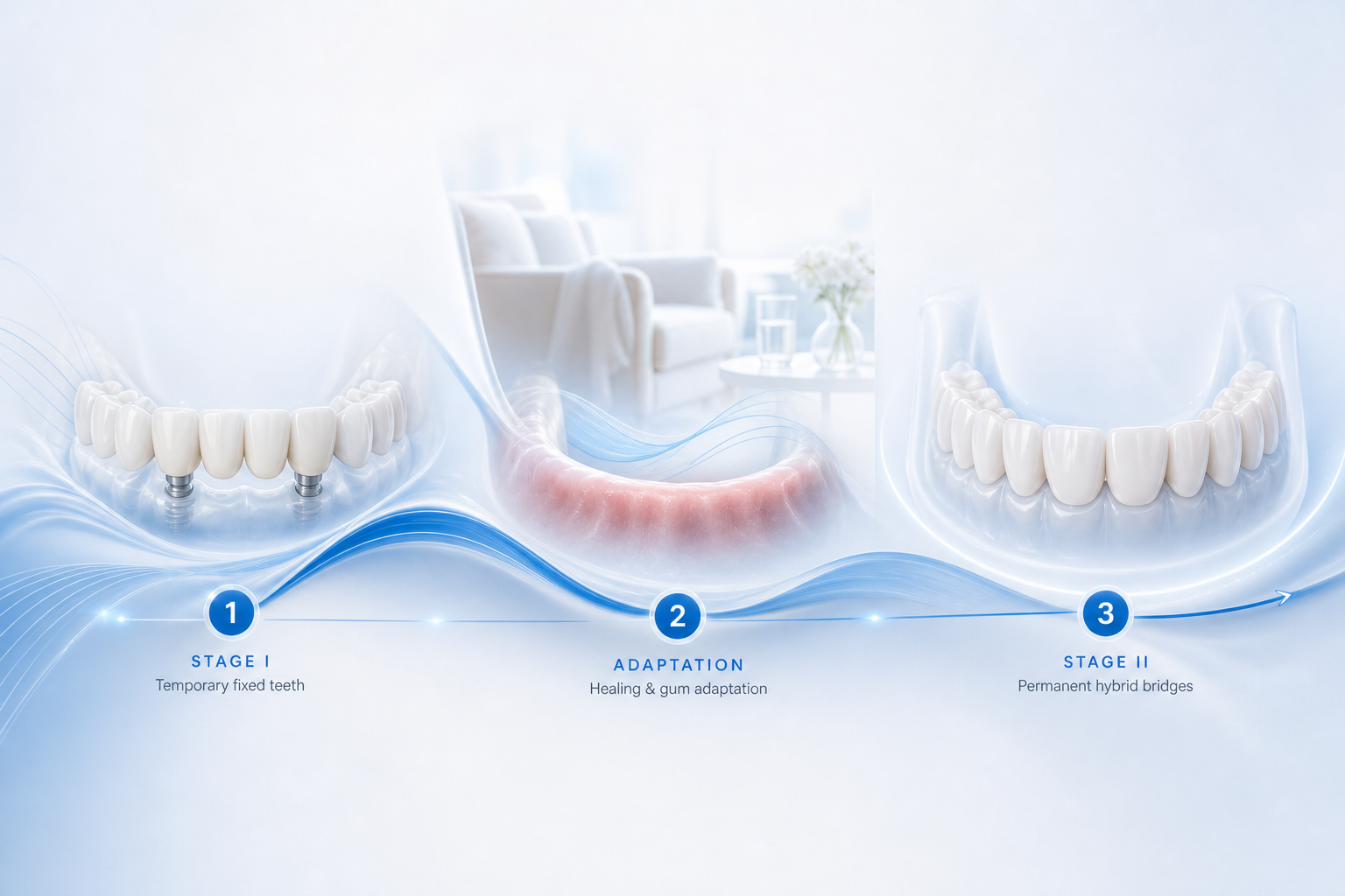 Two-stage full mouth restoration pathway: Stage I temporary teeth, adaptation, and Stage II permanent bridges