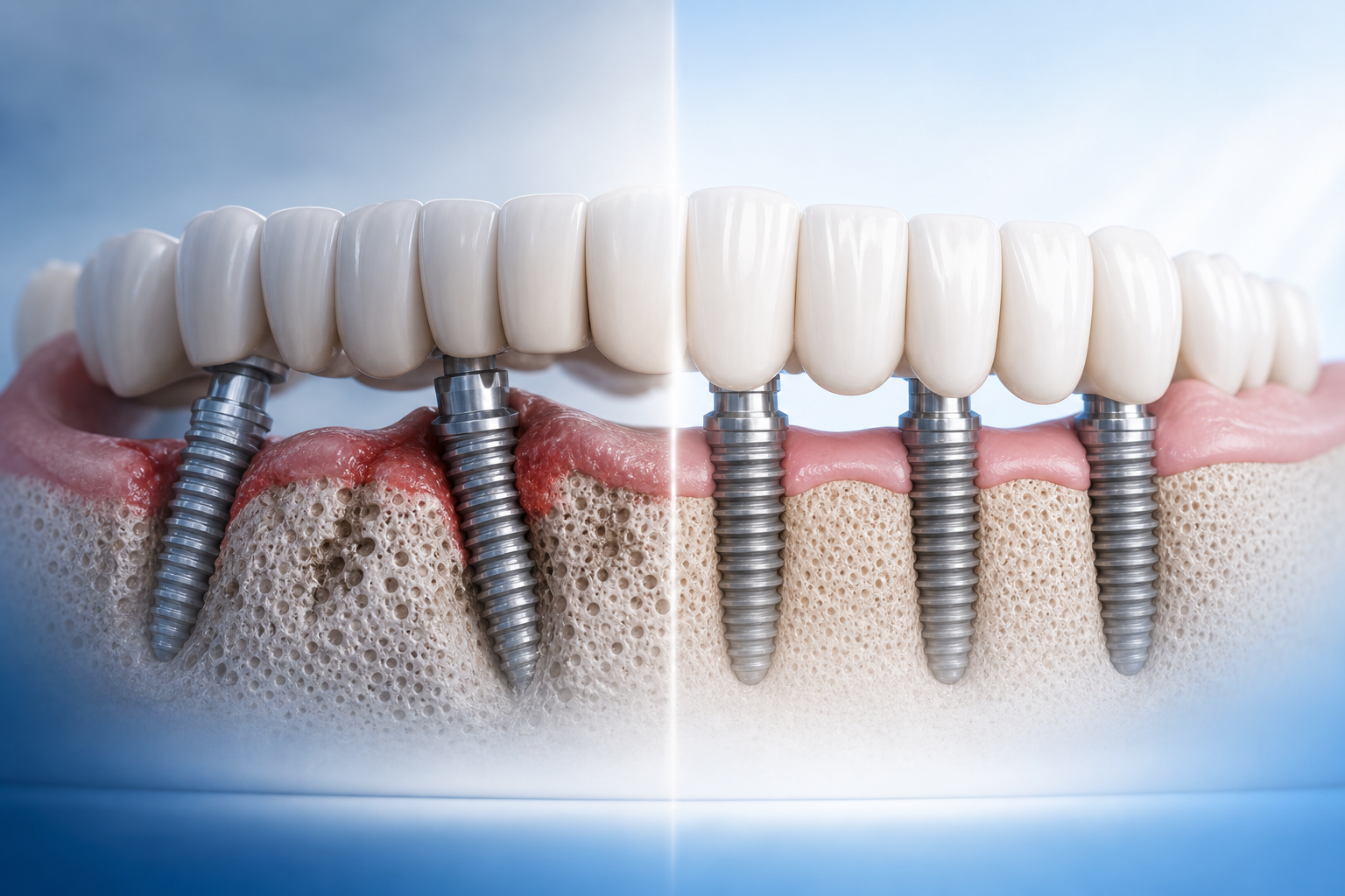 Conceptual view of a compromised full-arch foundation transitioning to a rebuilt, healthy implant-supported bridge