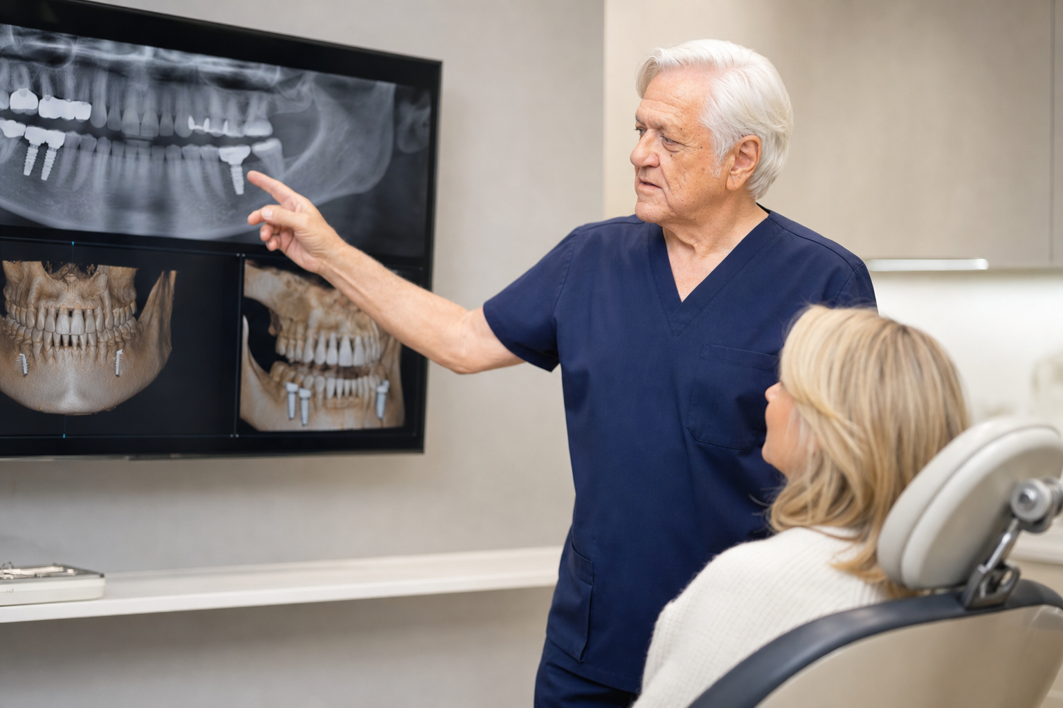 Dr. Bojidar Dimitrov reviewing a digital treatment plan with a patient in a calm modern clinic