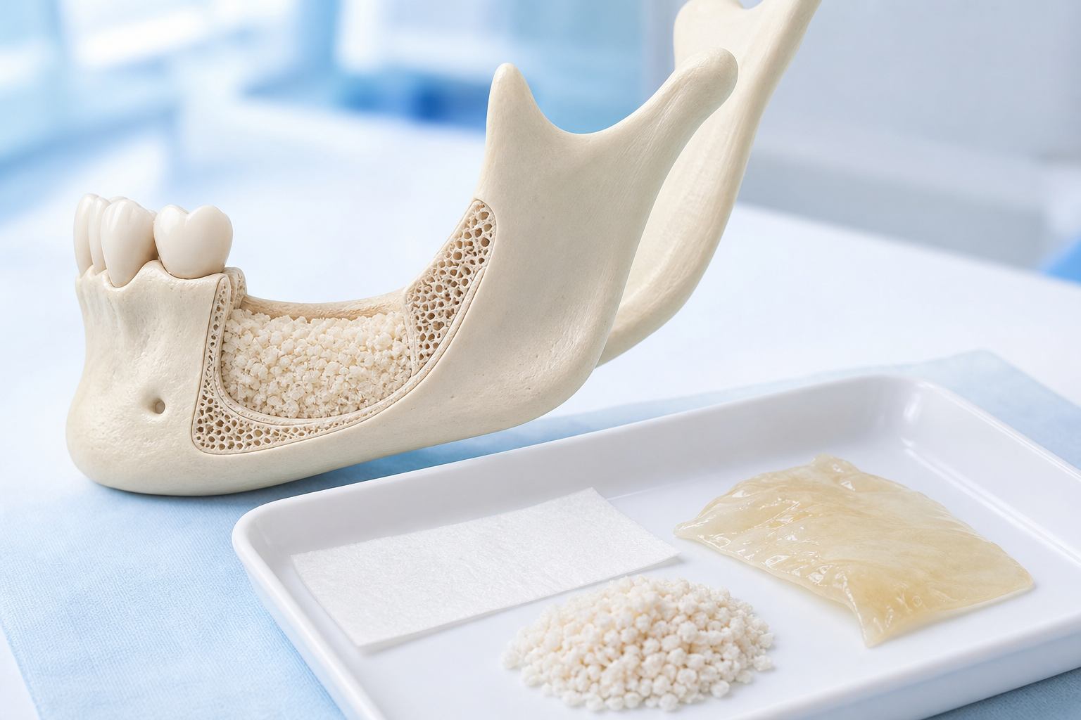 Regenerative implant materials: bone graft, barrier membrane, and PRF ready for guided bone regeneration