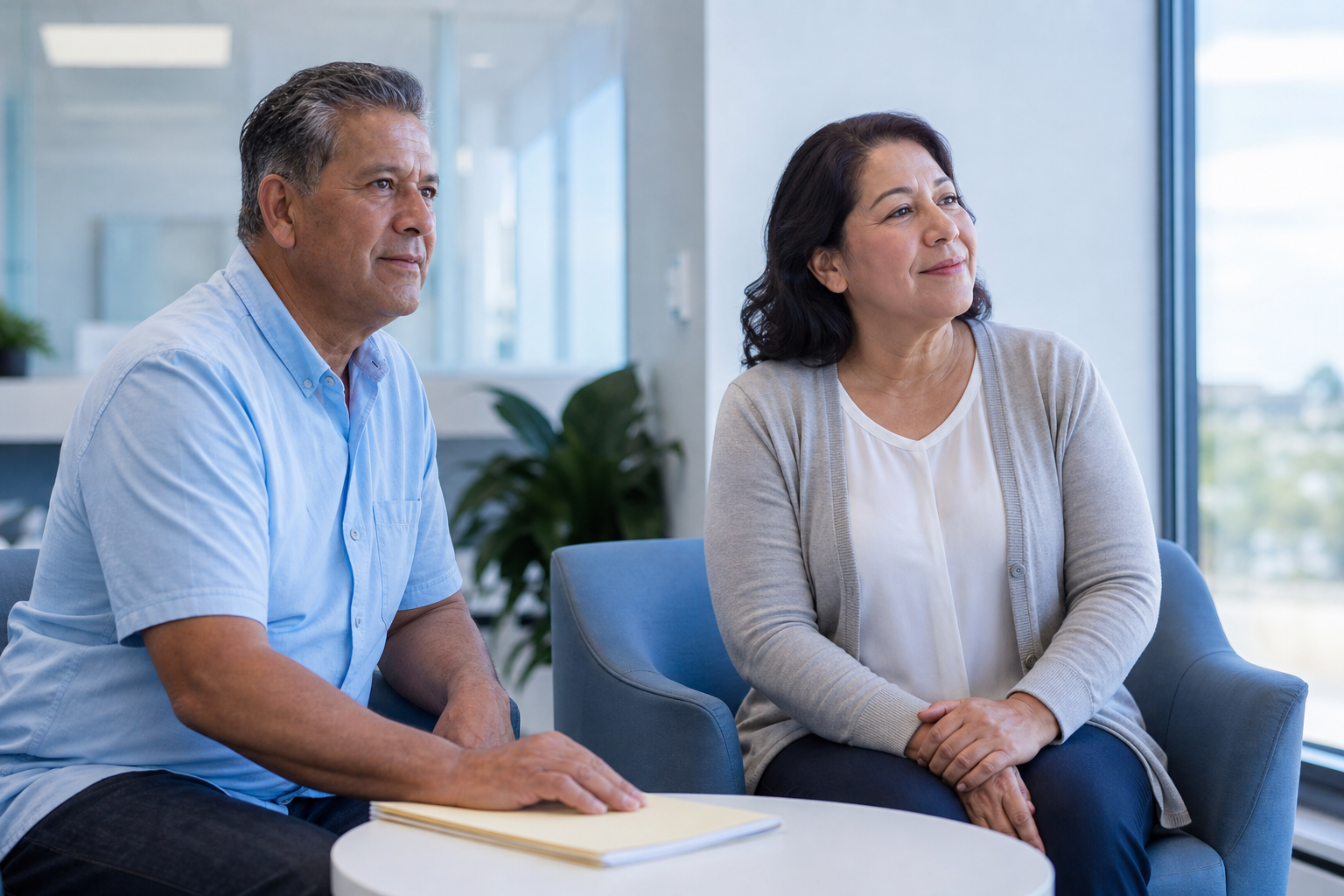 Patients in a calm modern clinic representing medically adapted implant care for smokers and diabetics